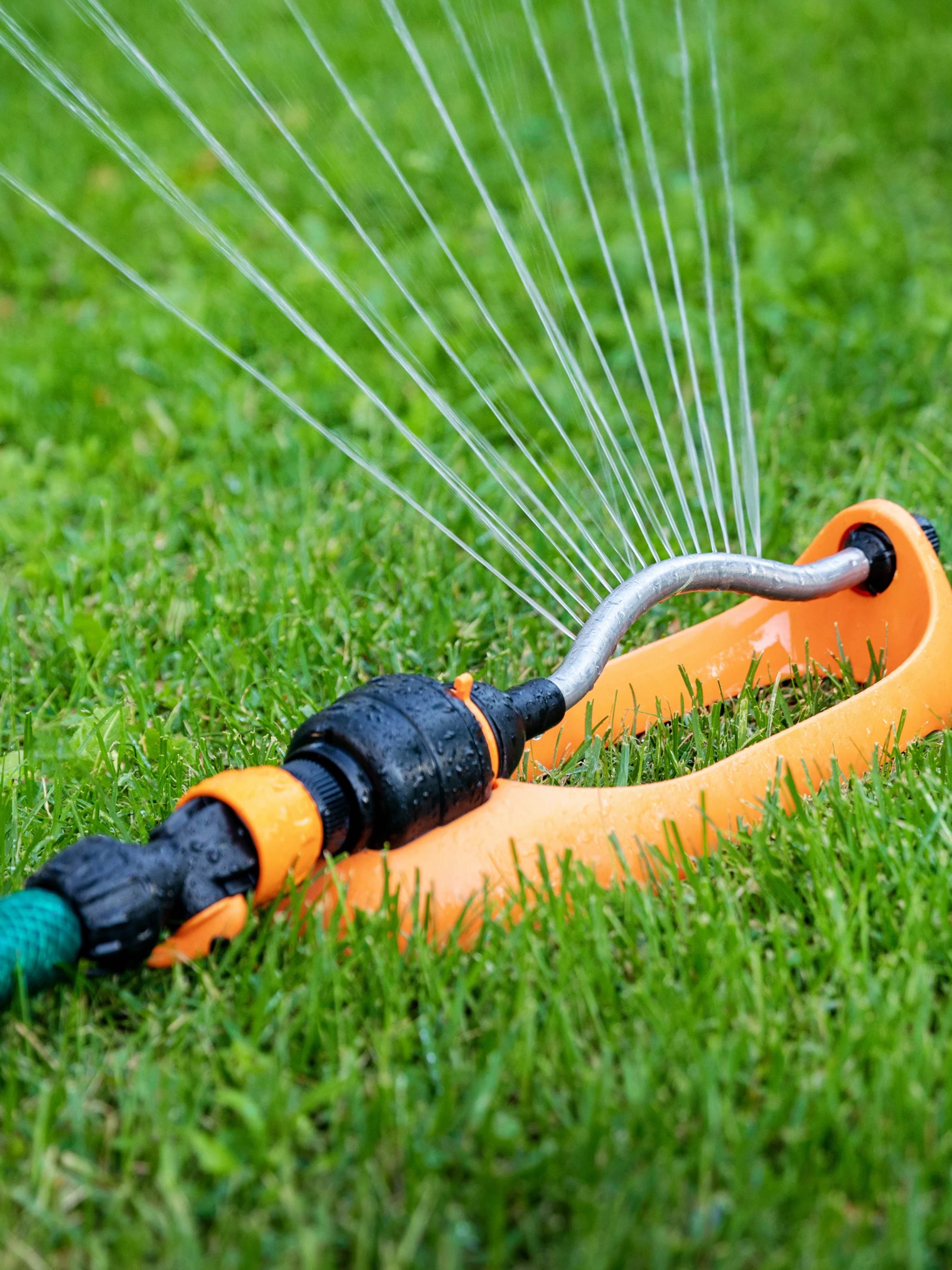 Portrait image of a sprinkler on a lawn
