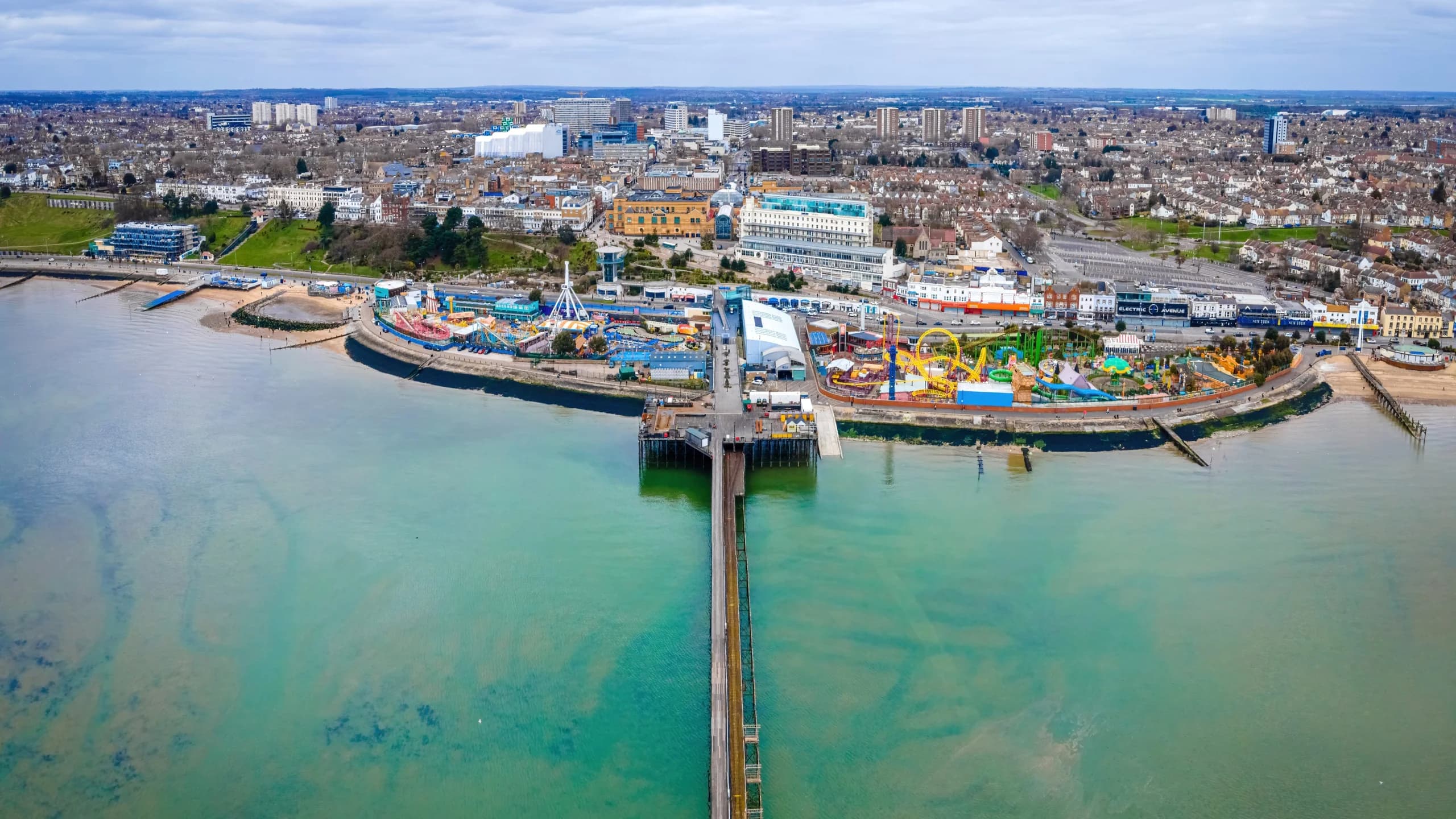 Aerial view of the Southend Pier, a major landmark in Southend-on-Sea
