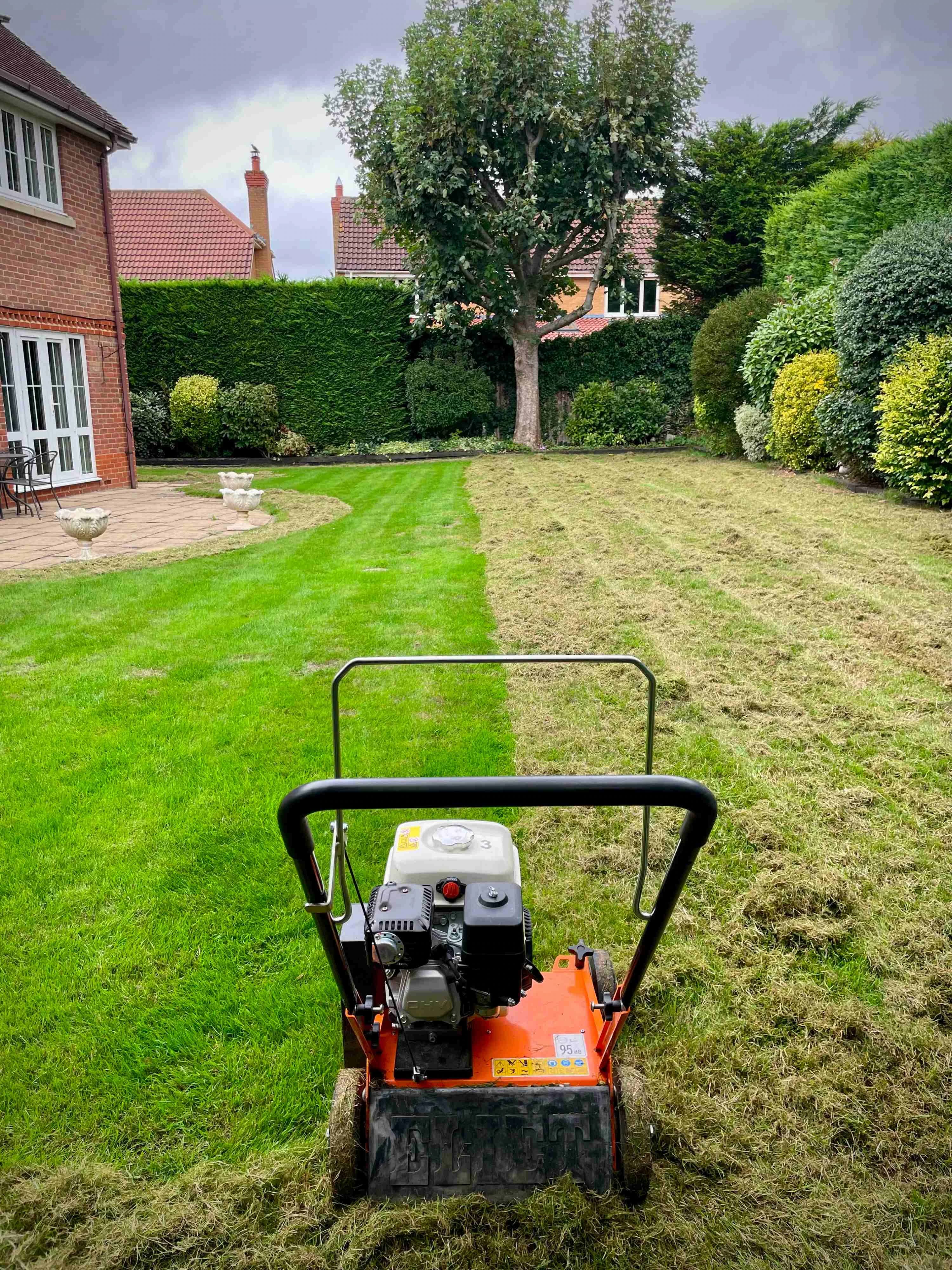 Image of a scarifier on a lawn that has been partially scarified